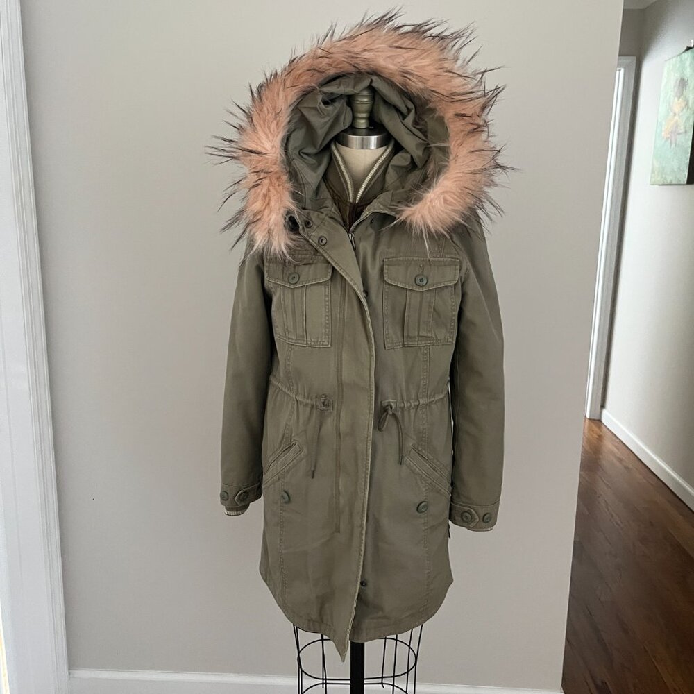 American Eagle 2 in 1 Convertible Parka Green Coat Pink Faux Fur Waist Tie Small